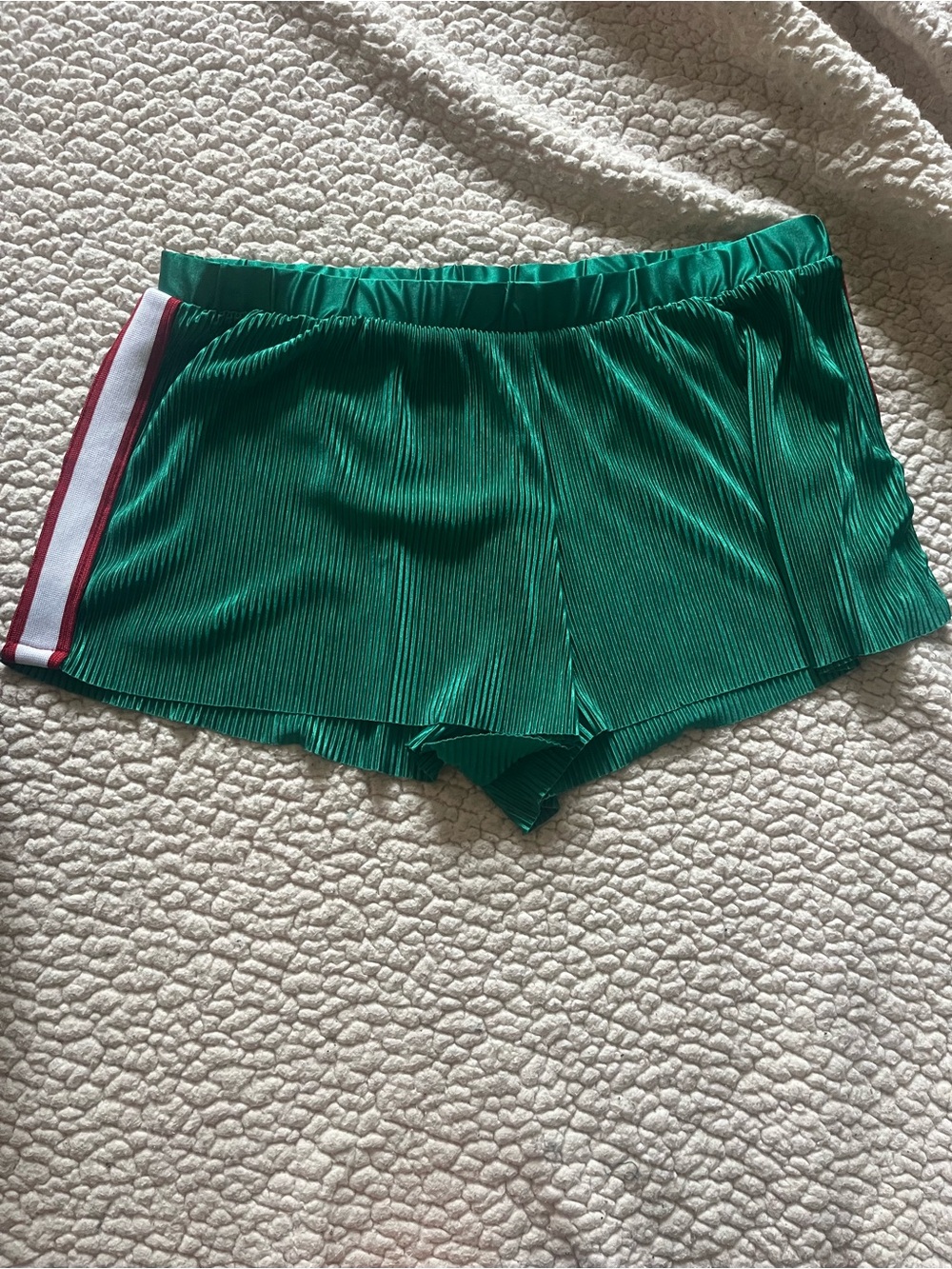 UO Green Metallic Shorts with Red/White Stripes
